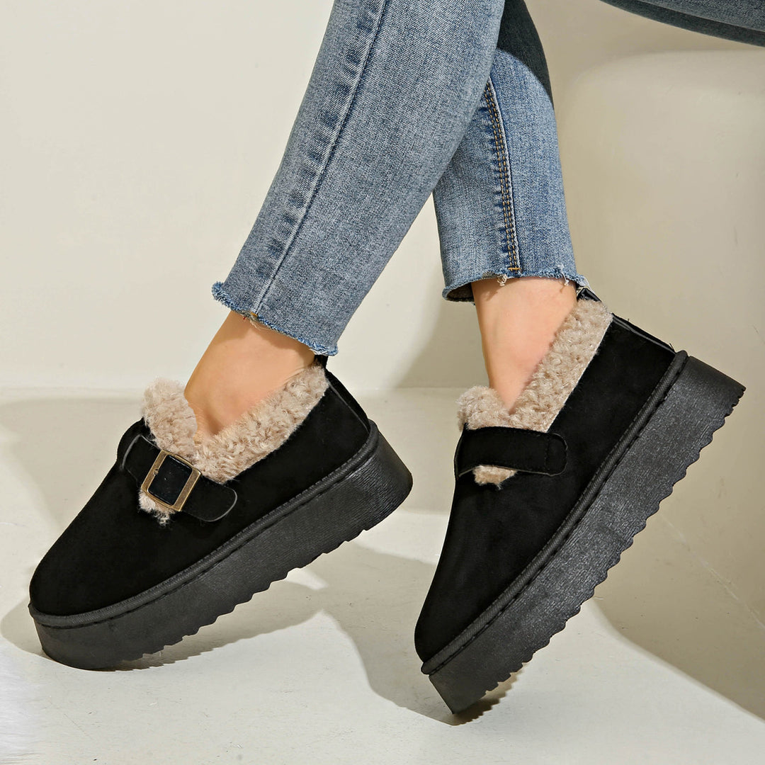 Women's Cozy Platform Slippers in Moccasin Style with Teddy Lining and Decorative Strap Mune Fashion