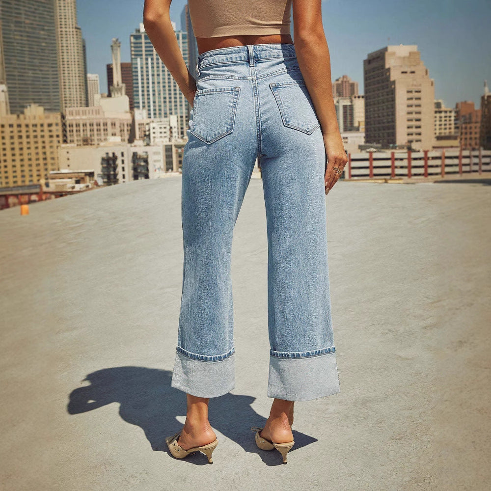 Women high-waisted culotte jeans with wide cuff and straight leg Mune Fashion