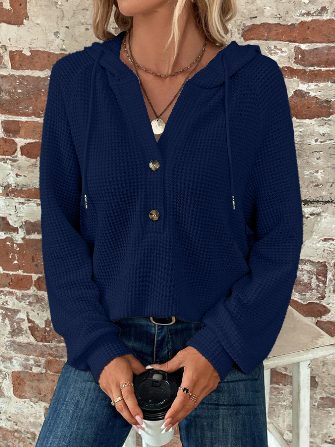 Women's Waffle Knit Hoodie with Button Placket and Ruffle Collar Mune Fashion