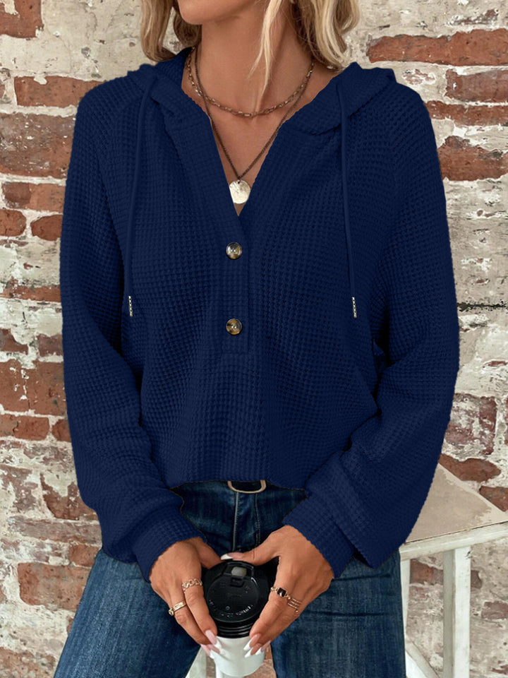 Women's Waffle Knit Hoodie with Button Placket and Ruffle Collar Mune Fashion