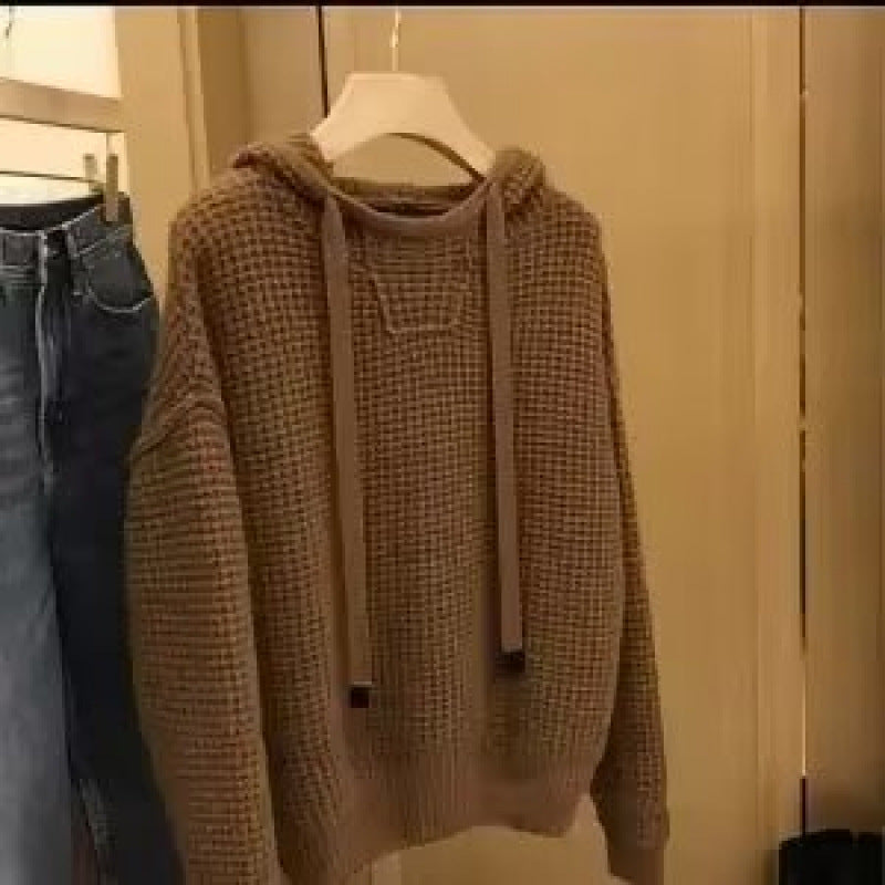 Women's Chunky Knit Oversized Hoodie with Waffle Texture and Drawstring Mune Fashion