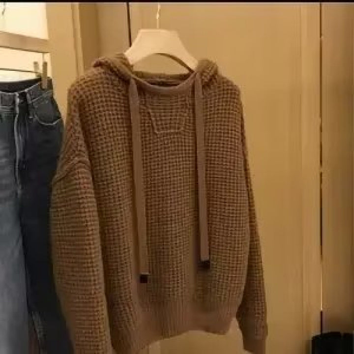 Women's Chunky Knit Oversized Hoodie with Waffle Texture and Drawstring Mune Fashion