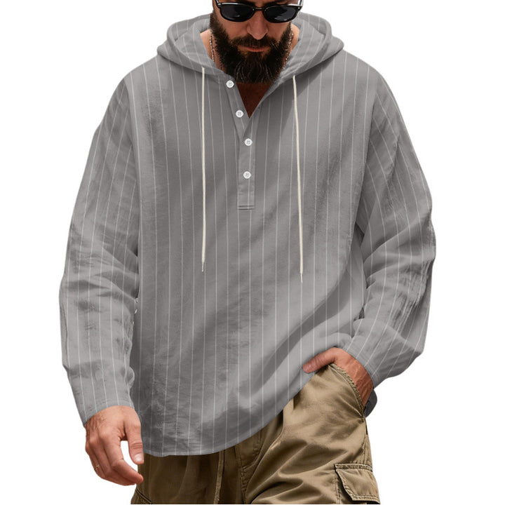 Men's Casual Hoodie Henley Shirt with Fine Pinstripes and Button Placket Mune Fashion