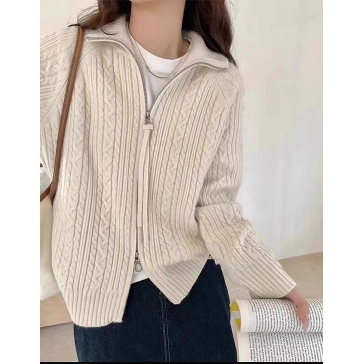 Women's Kastiger Cable Knit Cardigan with Two-Way Zipper, Stand Collar and Wide Ribbed Hem Mune Fashion
