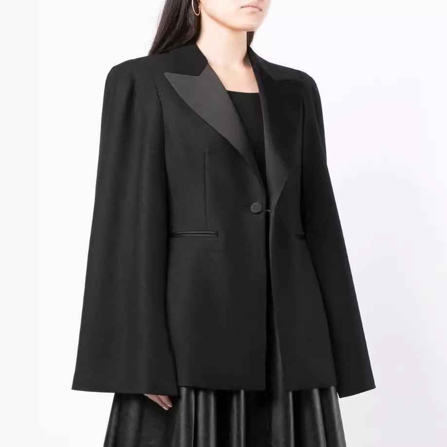 Women's Cape Blazer with Slits at the Sleeves and Satin Lapels Mune Fashion
