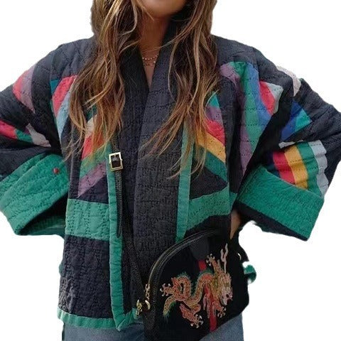 Women's padded kimono quilted jacket with patchwork design and wide sleeves Mune Fashion