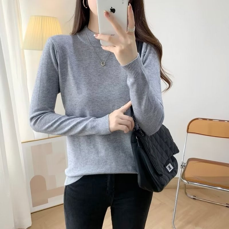 Ladies Fine Long Sleeve Fine Knit Sweater with Narrow Stand-Up Collar and Ribbed Cuffs Mune Fashion