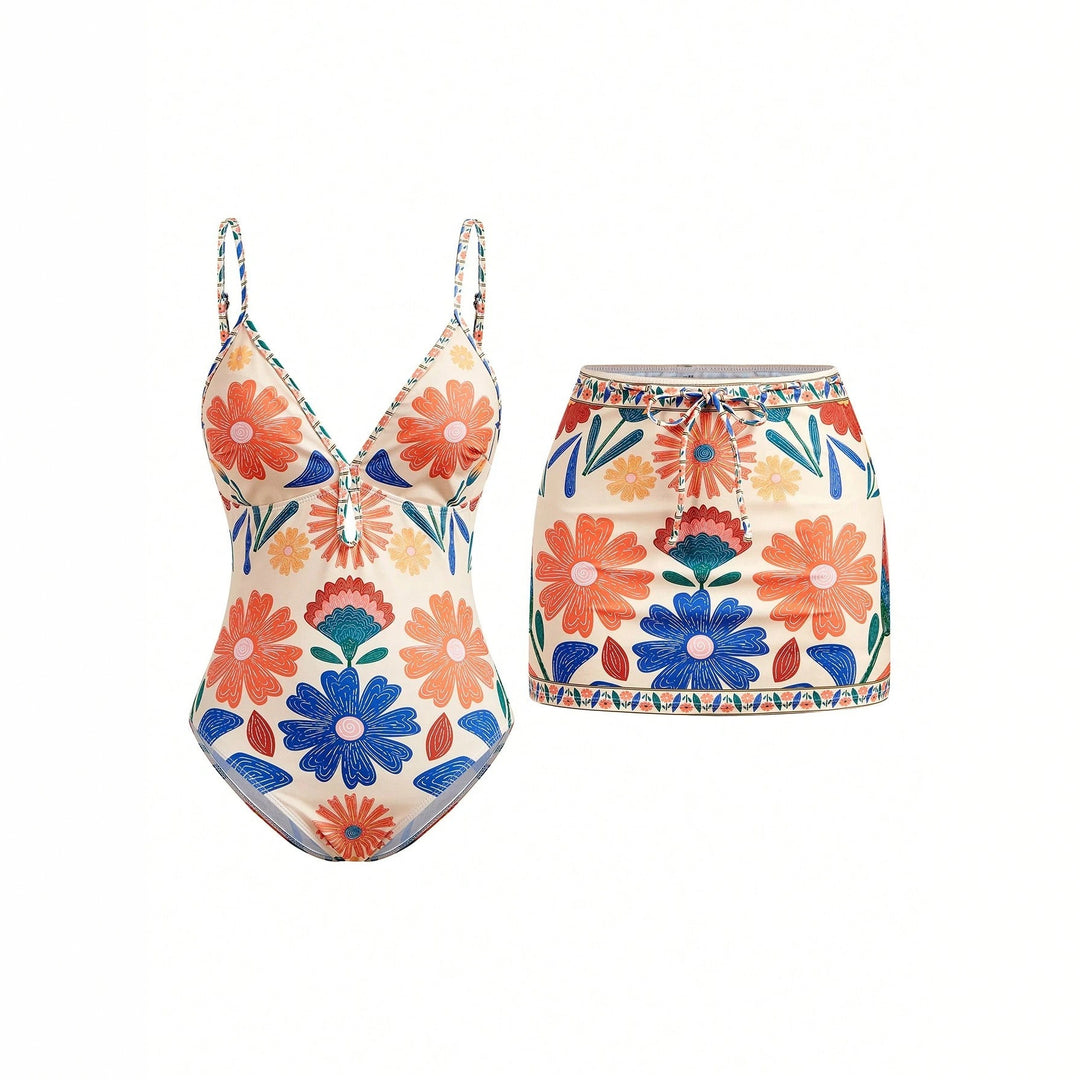 Women's Floral Pattern Swimsuit with Matching Skirt Mune Fashion