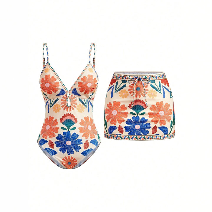 Women's Floral Pattern Swimsuit with Matching Skirt Mune Fashion