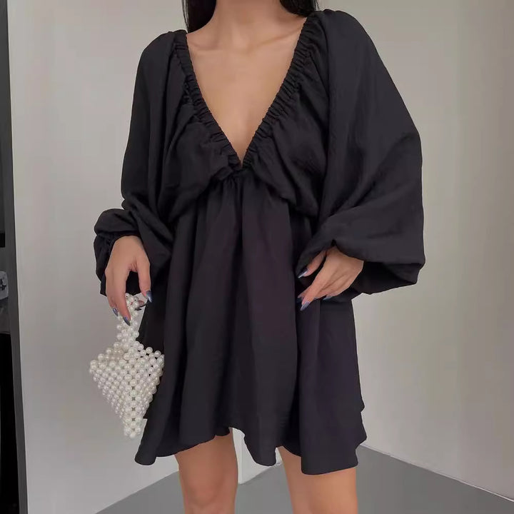 Women Loose Mini Dress with Deep V-Neck and Balloon Sleeves Mune Fashion