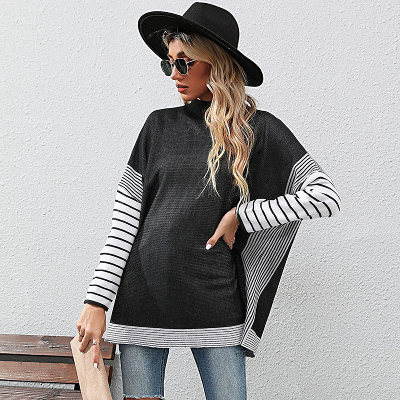 Women’s Oversized Knit Sweater with Stand-Up Collar and Striped Raglan Sleeves Mune Fashion