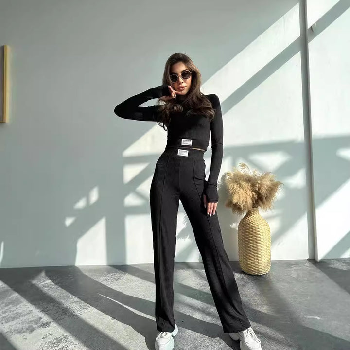 Women's Ribbed Two-Piece Loungewear Set with Short Long Sleeve Top and High-Waist Wide Leg Pants Mune Fashion