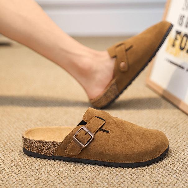 Women's Comfortable Suede Slippers with Cork Molded Footbed and Adjustable Metal Buckle Mune Fashion
