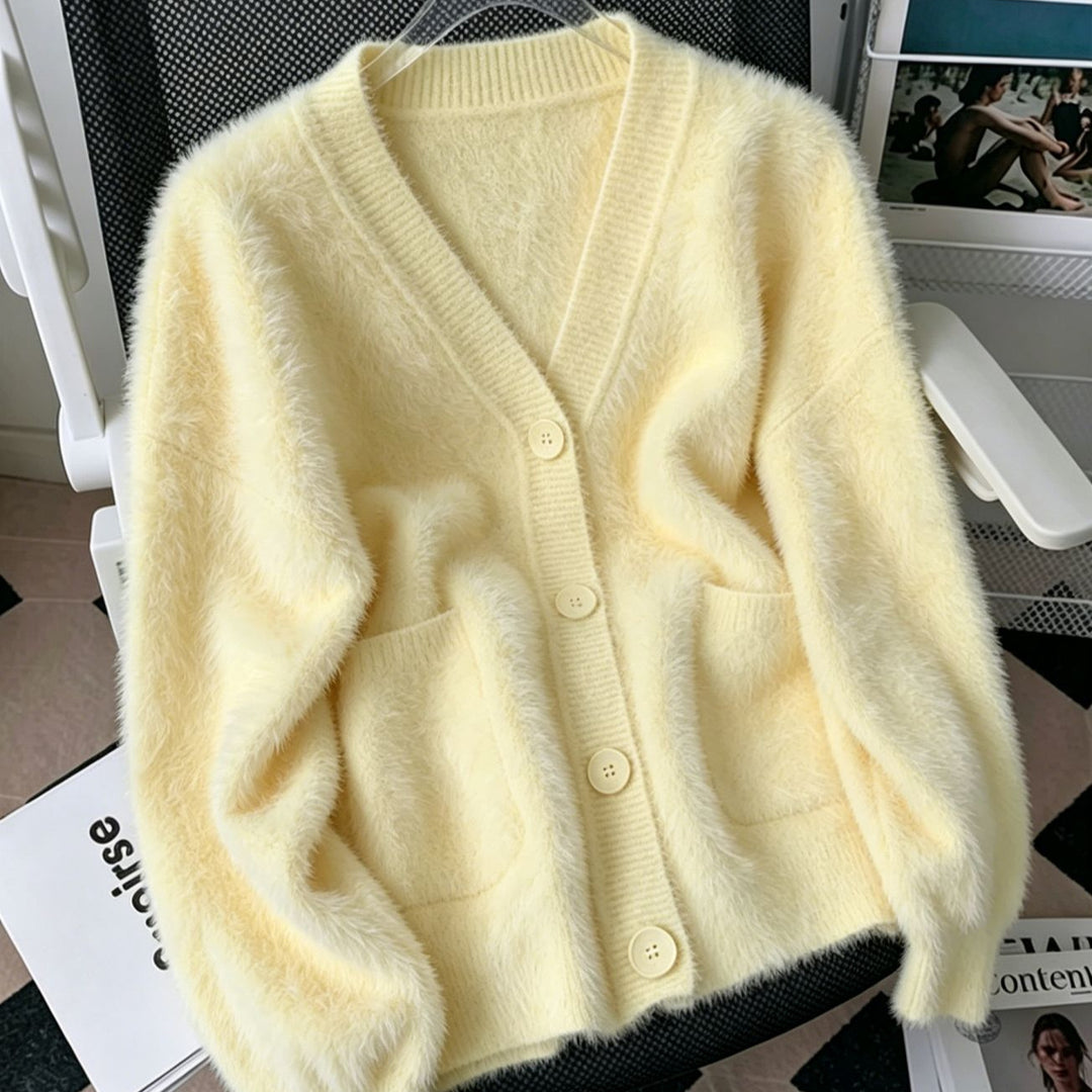 Women's Fluffy Cardigan with Deep V-Neck, Ribbed Button Placket and Patch Pockets Mune Fashion