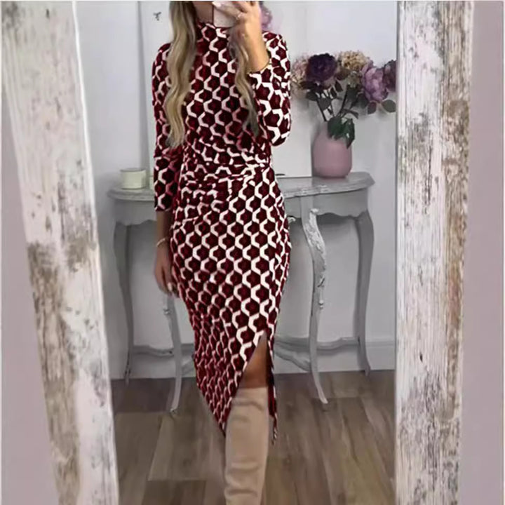 Women's narrow cut midi dress with geometric print, gathered waist and asymmetric slit Mune Fashion