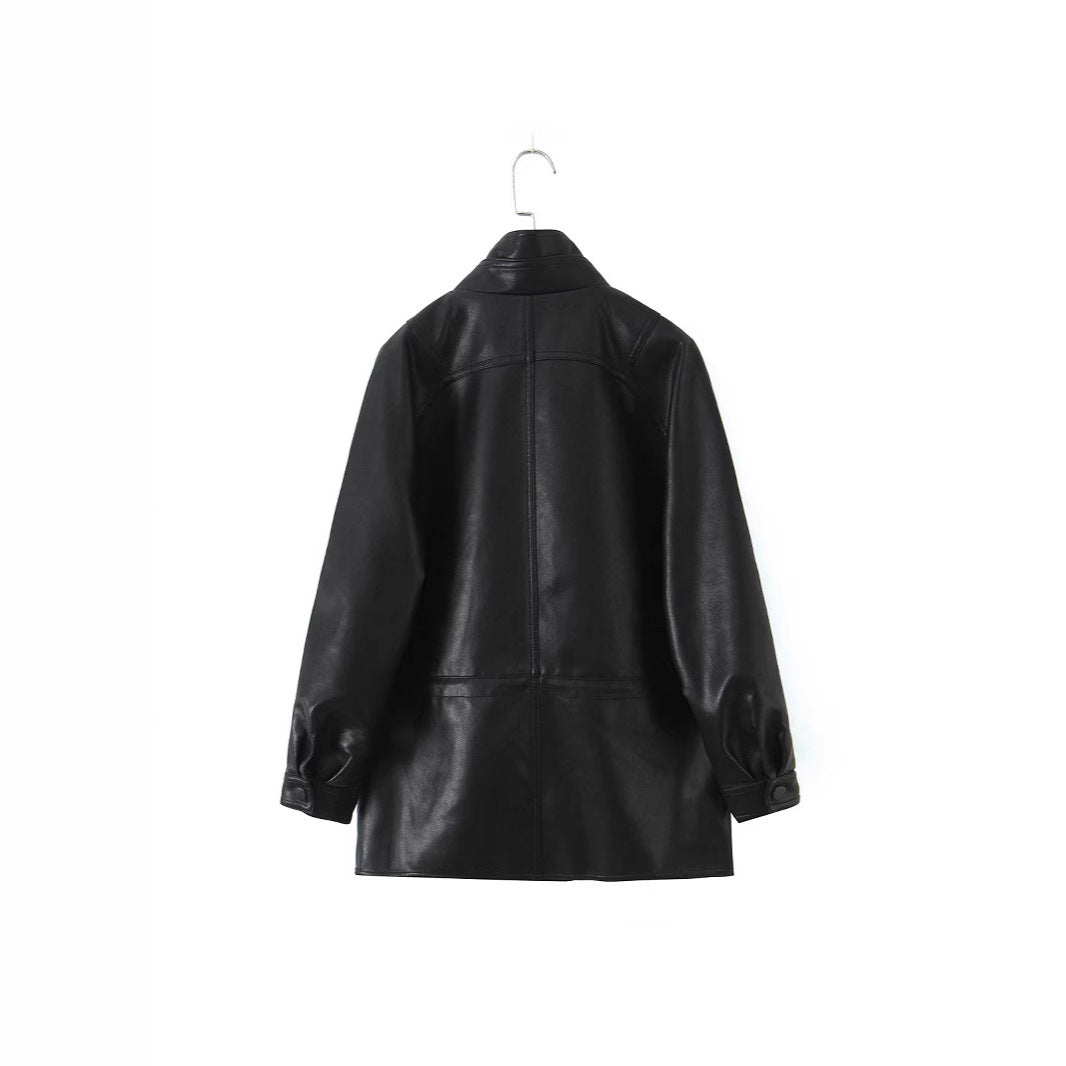 Women's Oversized Faux Leather Jacket with High Standing Collar and Double-Breasted Button Placket Mune Fashion