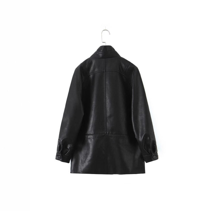 Women's Oversized Faux Leather Jacket with High Standing Collar and Double-Breasted Button Placket Mune Fashion