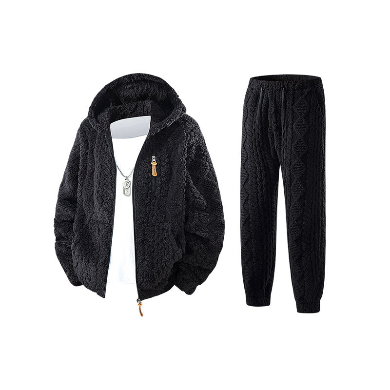 Herren Kuscheliges Sherpa-Fleece Set mit Kapuzenjacke und Strick‑Optik Jogginghose Mune Fashion
