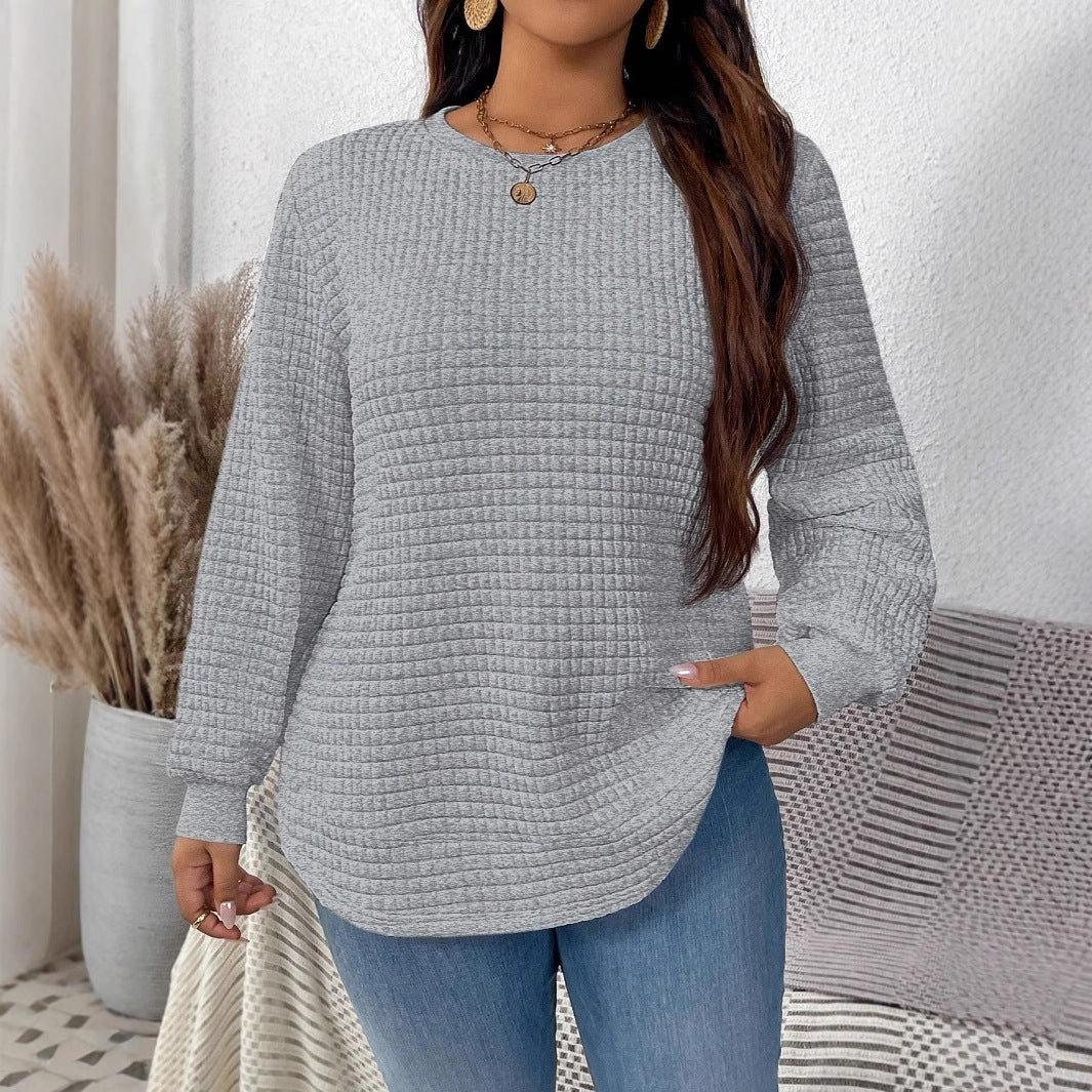 Women waffle knit long sleeve with round neckline, slightly A-line cut and ribbed cuffs Mune Fashion