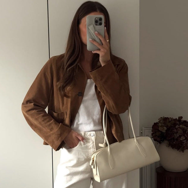 Women Short Cut Suede Jacket with Shirt Collar and Patch Pockets Mune Fashion