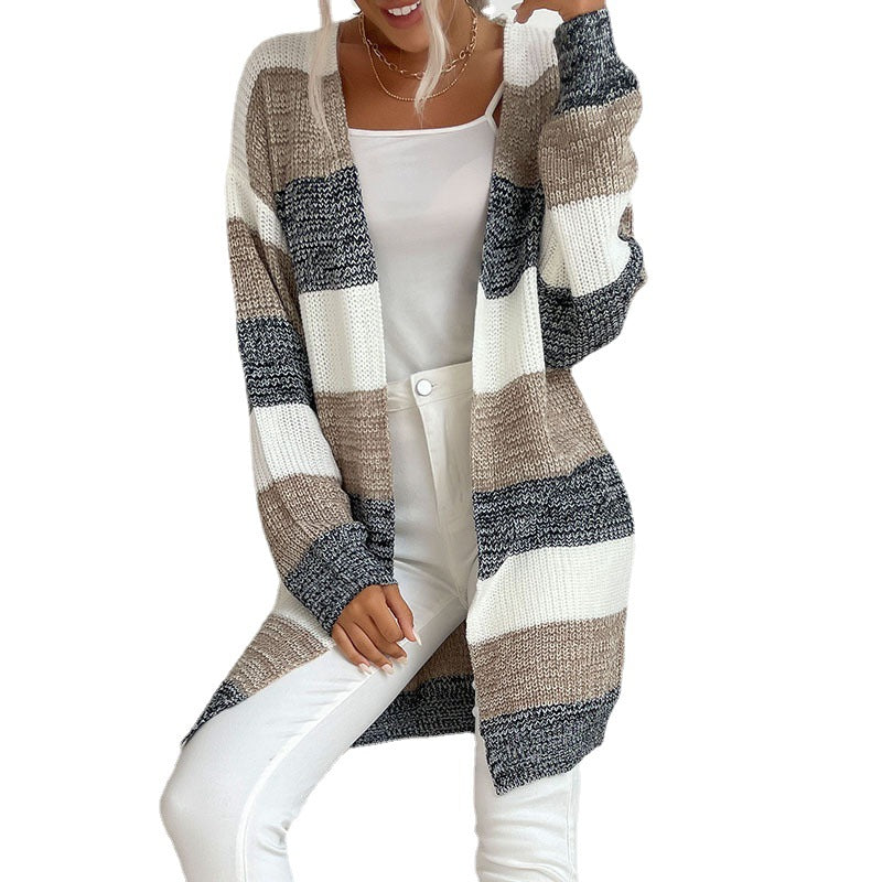 Women's Longline Knit Cardigan with Wide Block Stripes, Open Front and Dropped Shoulders Mune Fashion