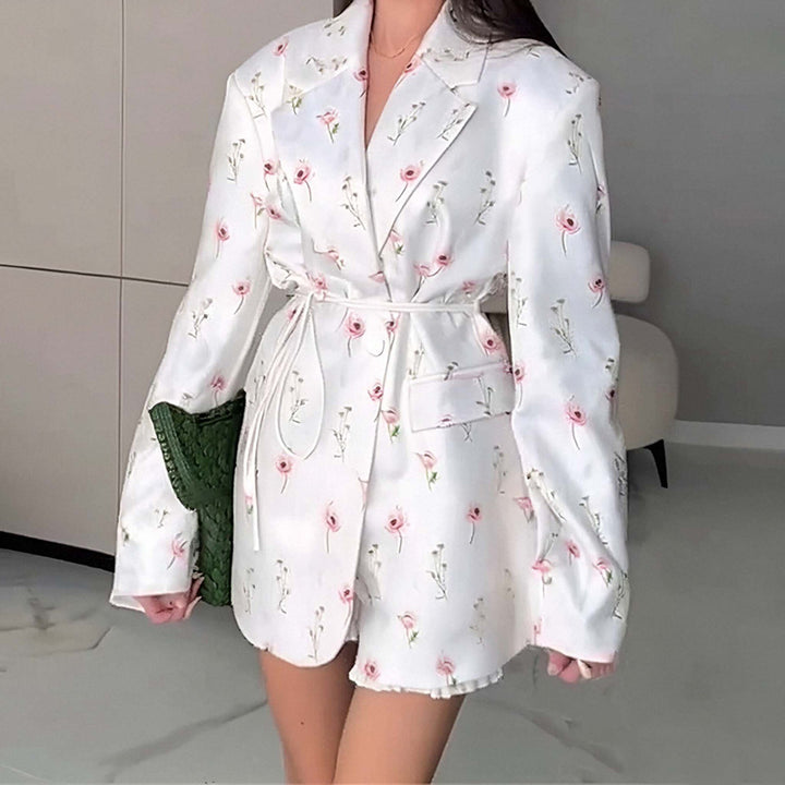 Women fitted floral blazer with belt and lapel collar Mune Fashion