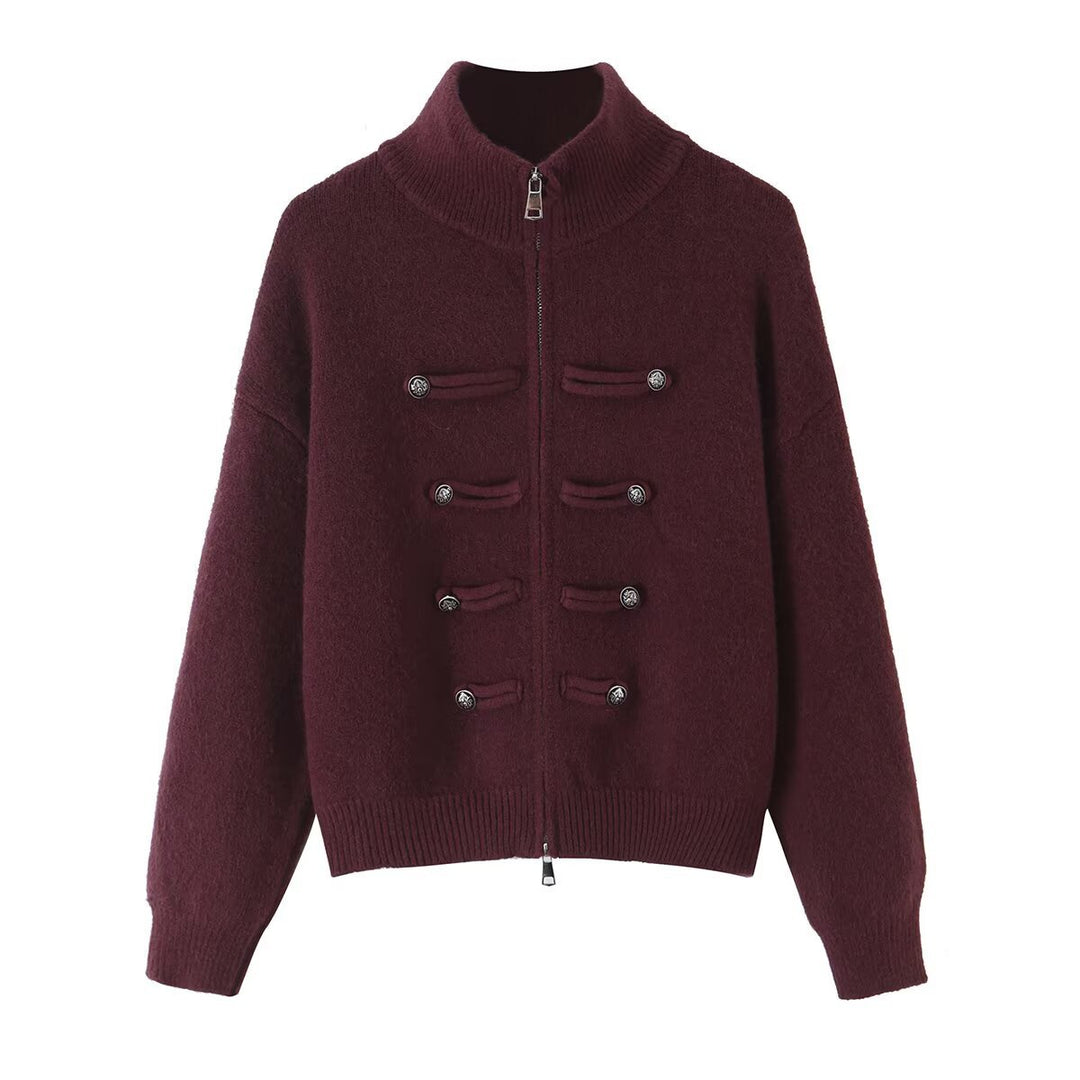 Ladies cardigan with stand-up collar, zipper and decorative knot trims Mune Fashion