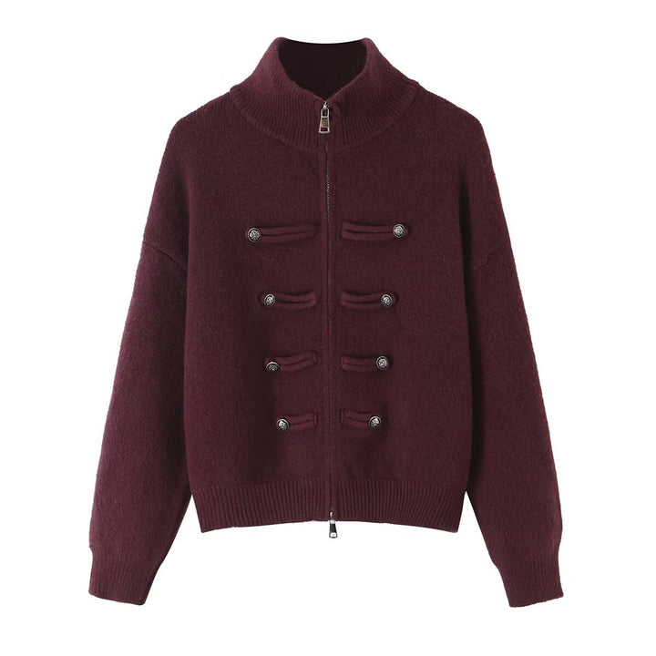 Ladies cardigan with stand-up collar, zipper and decorative knot trims Mune Fashion