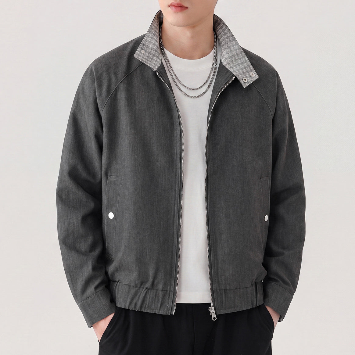 Men's lightweight bomber jacket with zipper and checkered stand-up collar Mune Fashion