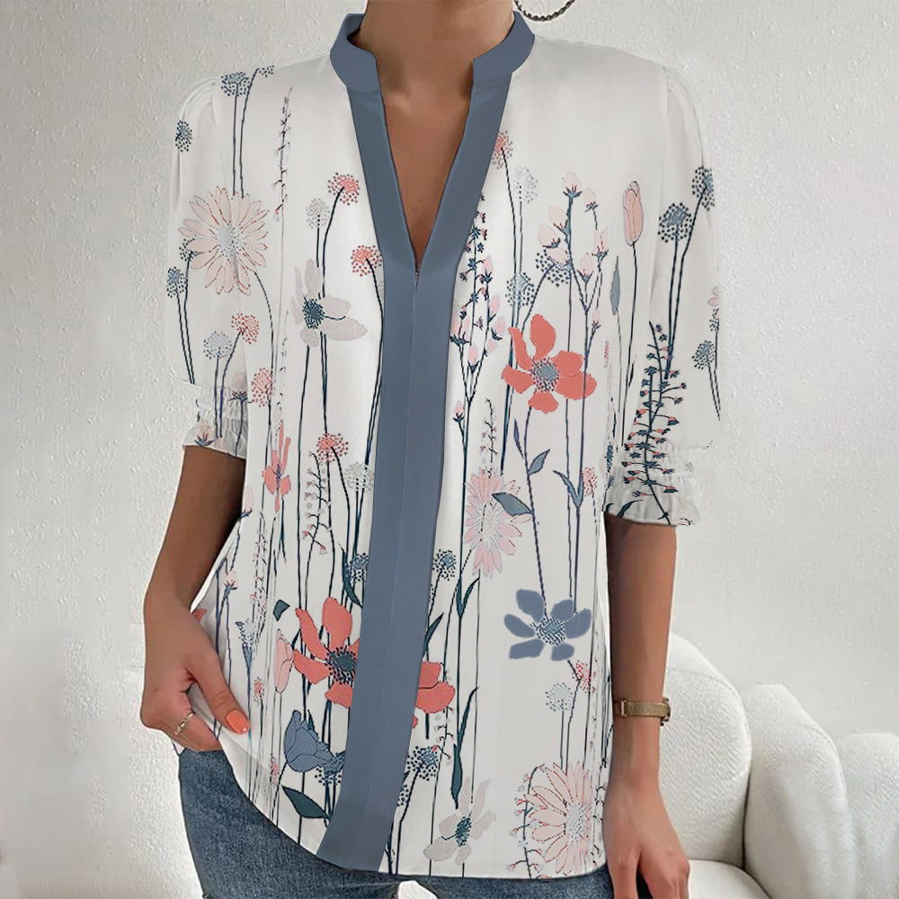 Women Floral Print Tunic Blouse with Stand Collar, Slit V-Placket and Gathered 3/4 Sleeves Mune Fashion