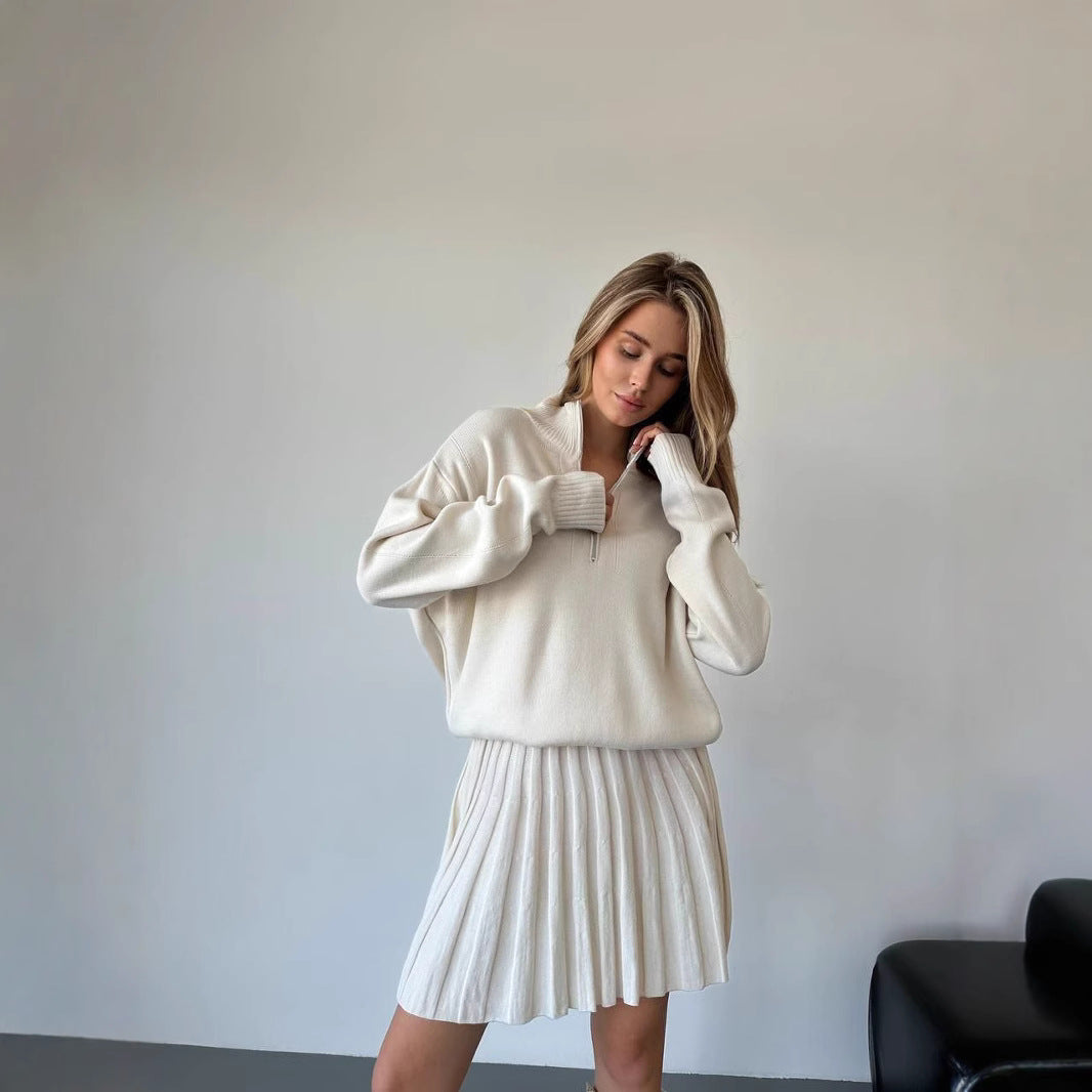 Ladies cozy knit set with zip-up sweater and pleated skirt Mune Fashion