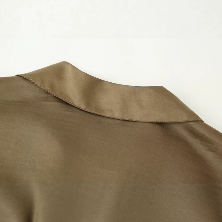 Women Loose-Fitting Tunic Shirt Blouse with Half-Open V-Neck and Wide Cuffs Mune Fashion