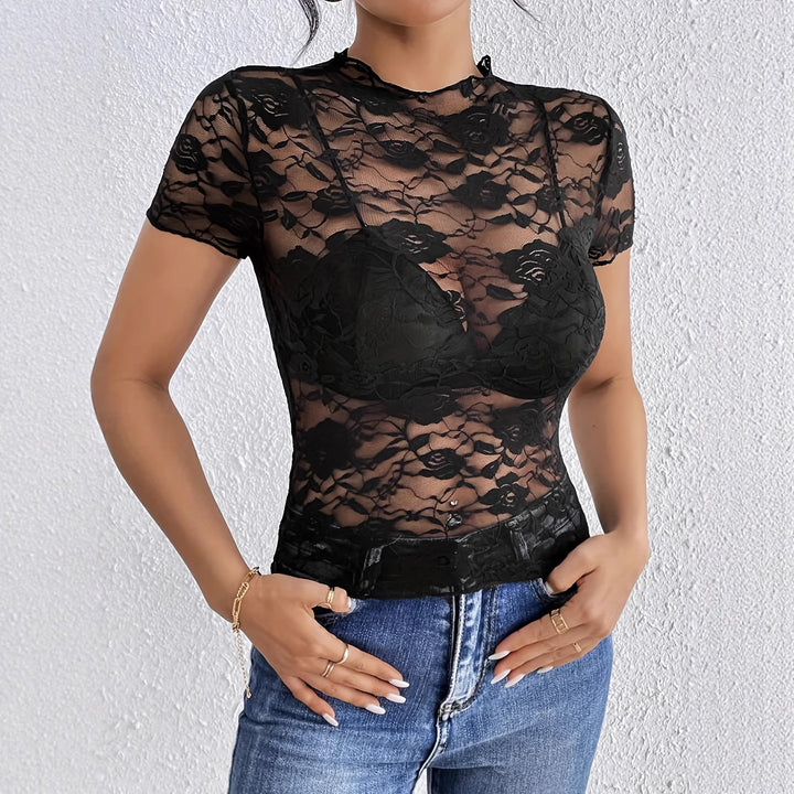 Women nan short lace top with floral openwork lace, stand-up collar and integrated bustier Mune Fashion