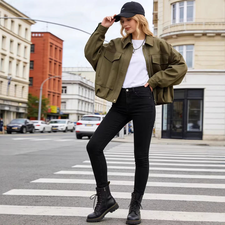 Women's Oversized Short Jacket with Flap Pockets, Drop Sleeves, and Elastic Hem Mune Fashion