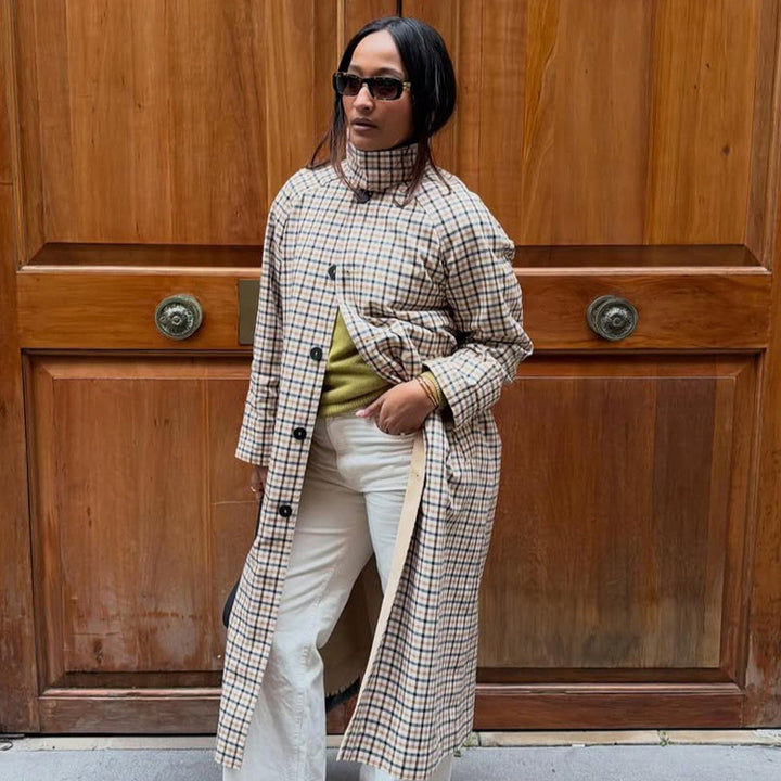 Women’s Maxi Long Checked Wool Blend Coat with Straight Silhouette Mune Fashion
