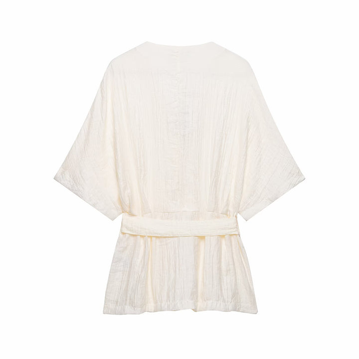 Ladies two-piece kimono top with waist belt and wide pleated pants Mune Fashion