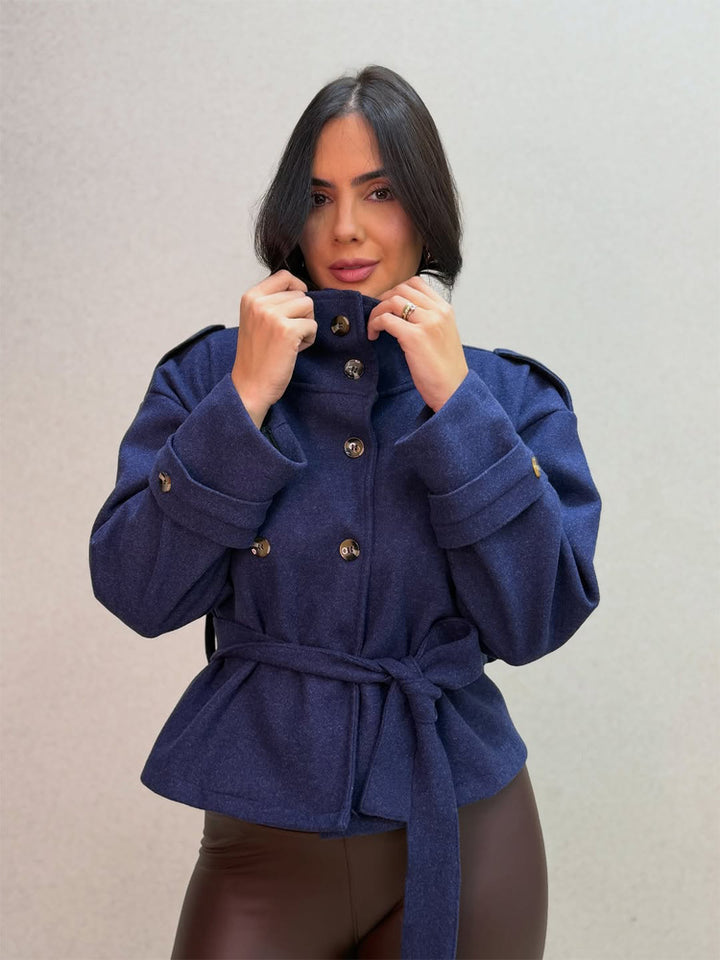 Women Short Double-Breasted Coat with Stand Collar and Tied Belt Mune Fashion