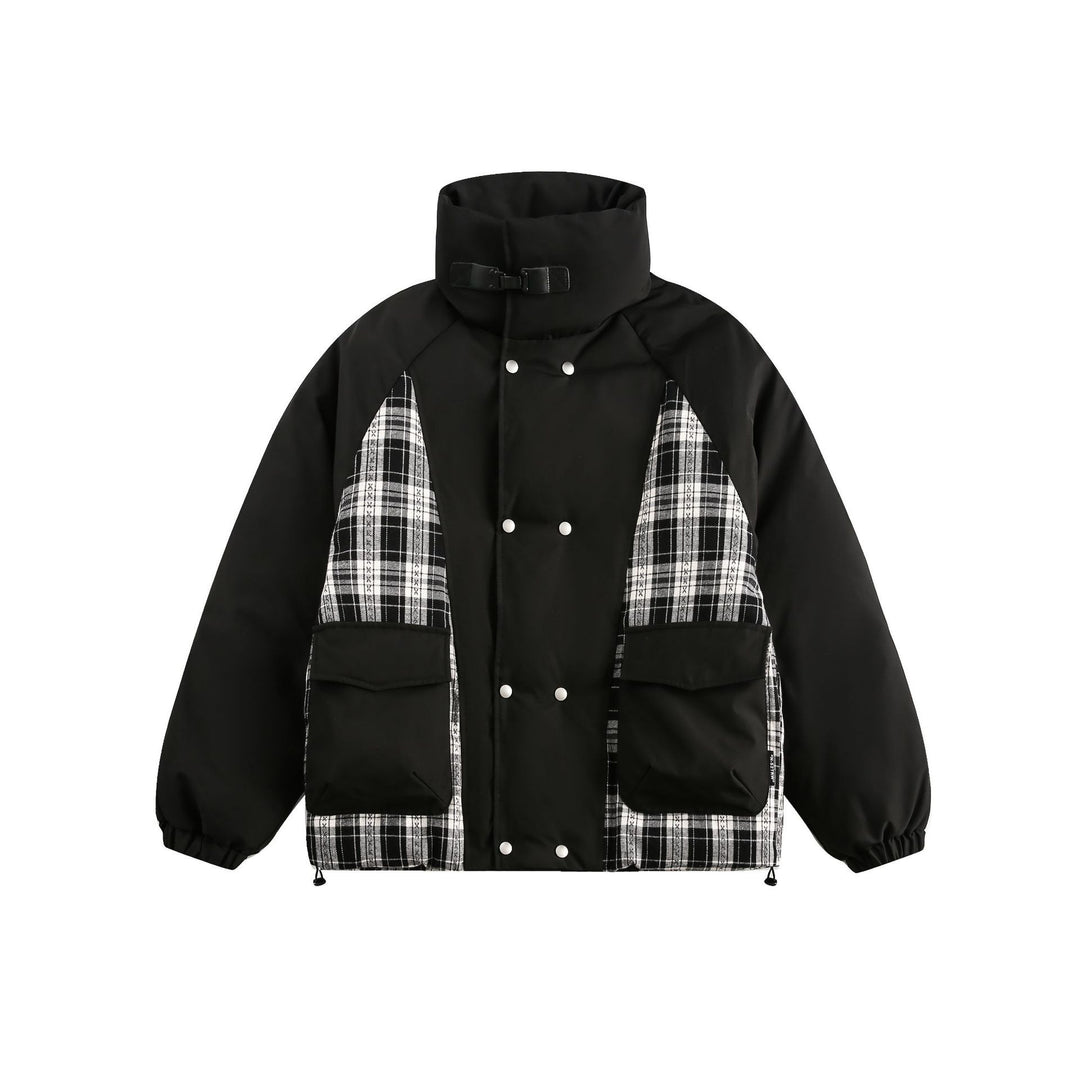 Unisex Oversize Stand Collar Puffer Jacket with Checked Insert Panel and Utility Pockets Mune Fashion