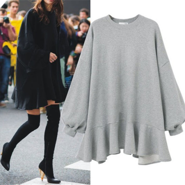 Women's oversized sweatshirt dress with ruffle hem and balloon sleeves Mune Fashion