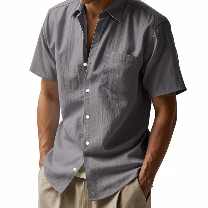 Men's short-sleeved casual shirt made of linen blend with chest pocket and rounded hem Mune Fashion