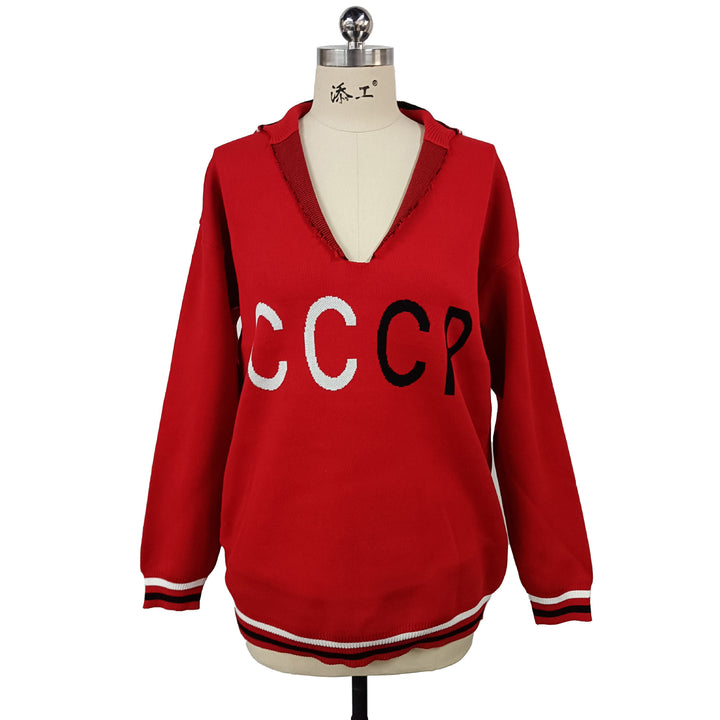 Women's oversized knit sweater with deep V-neck and hood Mune Fashion