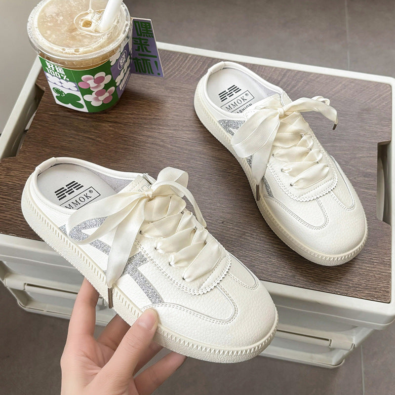 Women's Satin Lace-Up Mule Sneakers with Open Heel and Metallic Look Mune Fashion