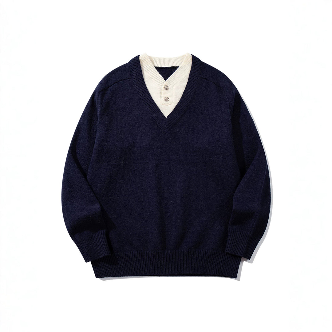 Men's pullover with deep V-neck and integrated Henley collar Mune Fashion