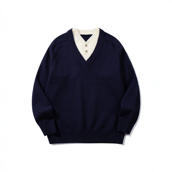 Men's pullover with deep V-neck and integrated Henley collar Mune Fashion