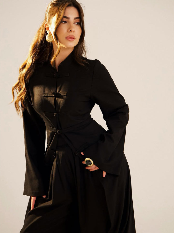 Ladies maxi dress with stand collar, mandarin button placket and draped skirt Mune Fashion