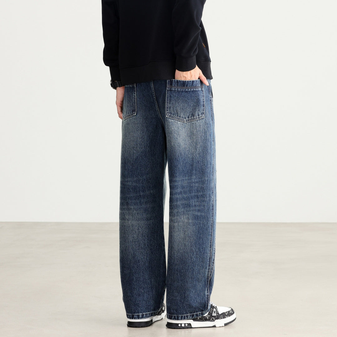 Men's Loose Fit Denim Pants with Drawstring Waistband, Panel Seams and Used Wash Mune Fashion