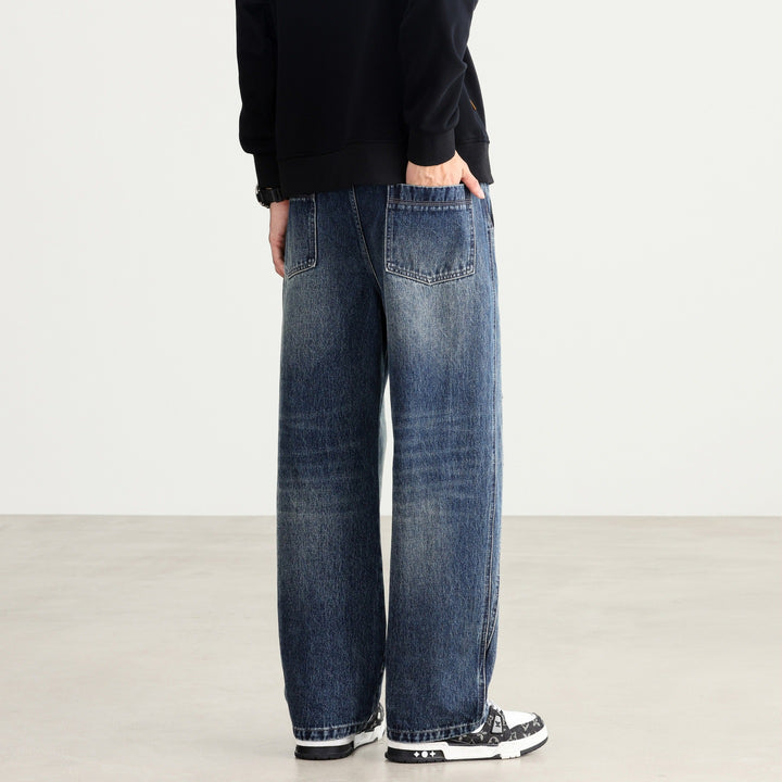 Men's Loose Fit Denim Pants with Drawstring Waistband, Panel Seams and Used Wash Mune Fashion