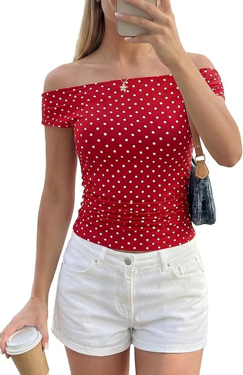Women's Off-Shoulder Fitted Polka Dot Top with Gathered Side Seam Mune Fashion