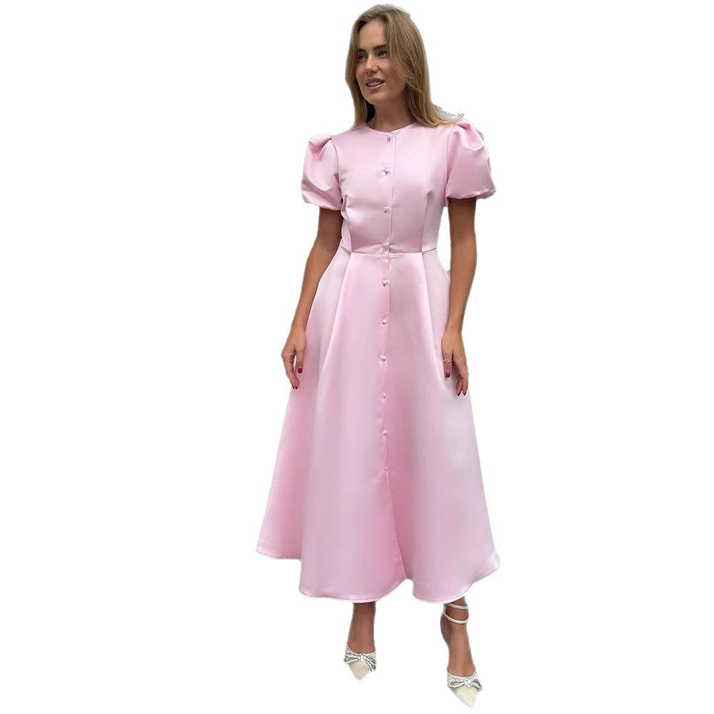Ladies' midi dress made of satin with voluminous puff sleeves, fitted A-line and continuous button placket Mune Fashion