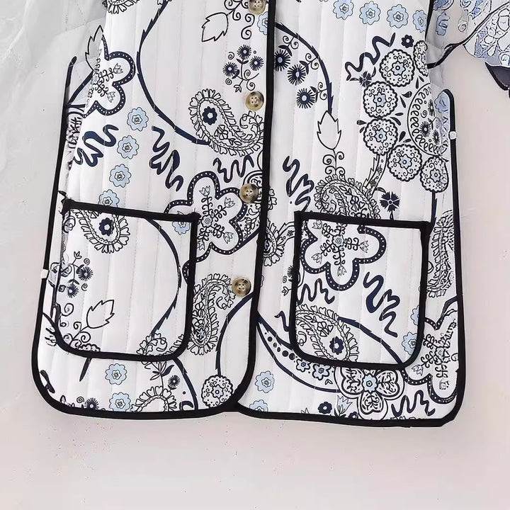 Women's Quilted Paisley Print Quilted Jacket with Contrast Piping and Round Neckline Mune Fashion